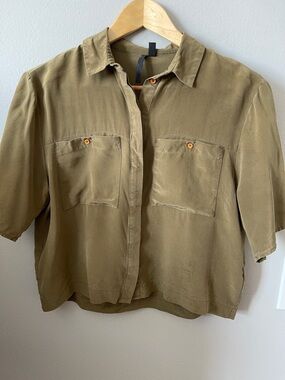 Topshop silk cropped olive militory top shirt with front pockets